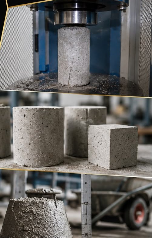 FiTest laboratuvarında basınç presi altında beton numuneler