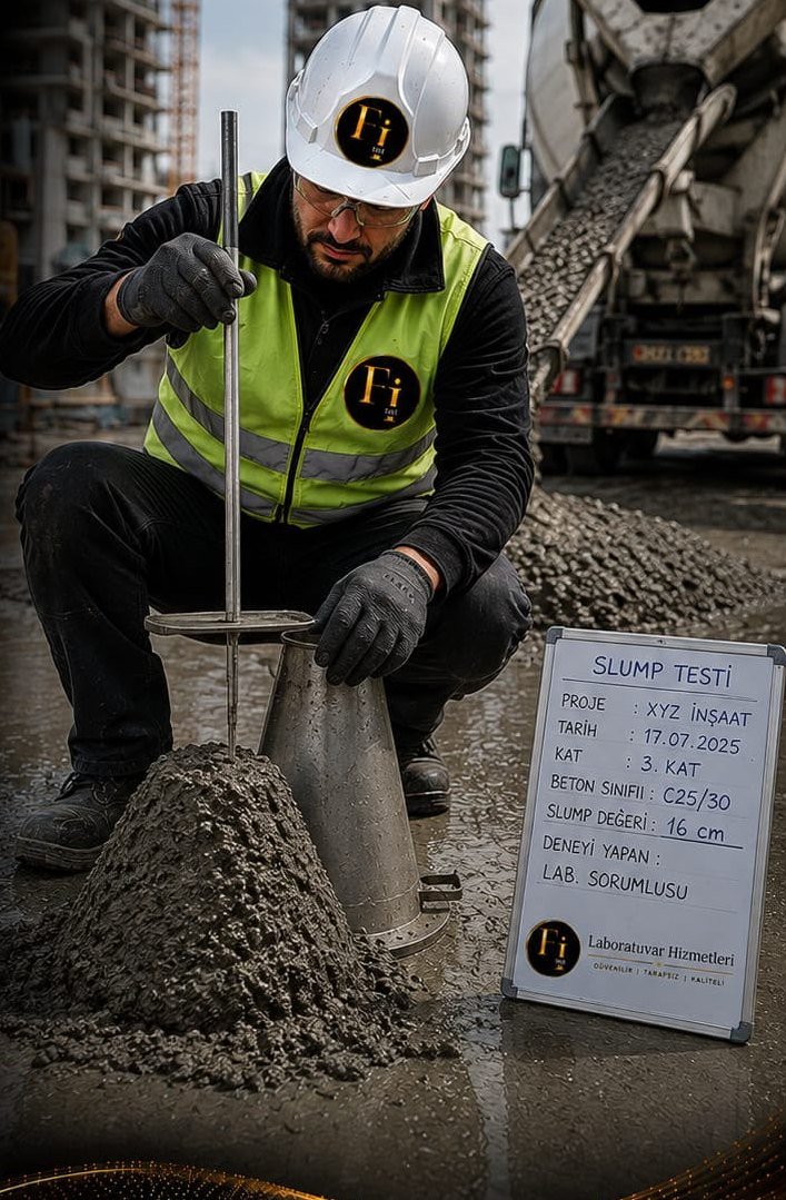 Şantiyede taze beton üzerinde yapılan slump çökme deneyi